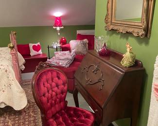 Mahogany Victorian slant front desk with rose carved chair
