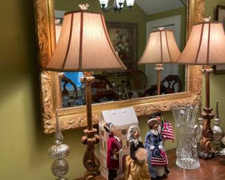 Wonderful gold leaf mirror and more mercury glass and carolers