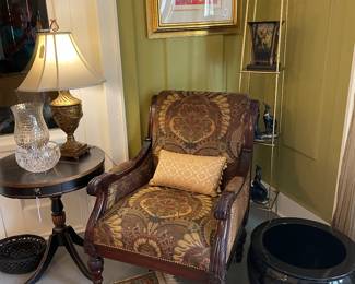 Wonderful carved mahogany armchair with tapestry upholstery with Jackson etagere stand and Peter Max artwork