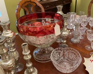 Rare King’s Crown punch bowl with pedestal and 10 cups and collection of mercury glass candle sticks