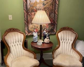 Pair of Victorian chairs with needlework tapestry