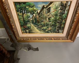 Impressionist Italian row house scene oil on canvas