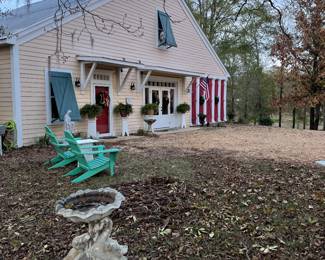 View of front of Bender Hill with double swan birdbath
