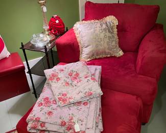 Red ultra suede armchair with ottoman