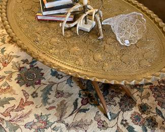 Wonderful mid century oval brass tray coffee table with teak stand
