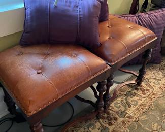 Pair of mahogany leather top stools