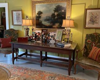 Long turn of the century oak dry goods table with glass top. Farmhouse dining anybody?