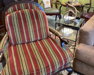 Other Queen Anne armchair with one of a pair patina brass and glass end tables with antler lamps