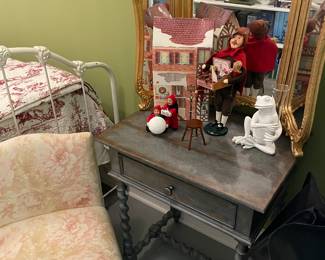 Hooker distressed table with Barley twist legs and vanity chair and French gilt tri fold mirror
