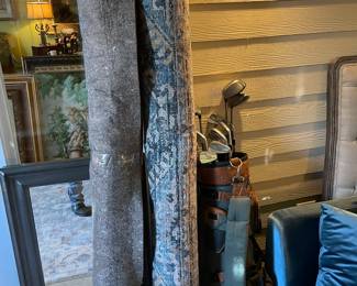 8’x10’ blue oriental carpet with second Restoration Hardware bathroom cabinet