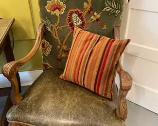 One of a pair of French style armchairs with crewel and leather upholstery