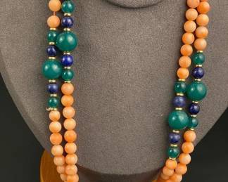 Vintage coral,lapis and green stone necklace
