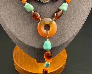 Vintage sterling Amber,Jade and turquoise necklace