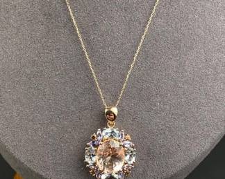14k gold morganite, topaz and tanzanite pendant/ch