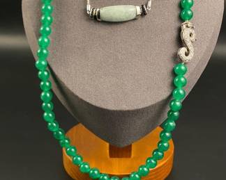Green stone sterling necklace and jade sterling
