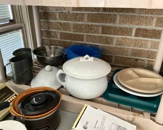Crock pots, sifters, divided plates, set of bowls & pottery