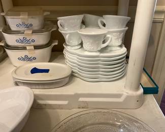 More Corning blue flower with lids, milk glass snack set