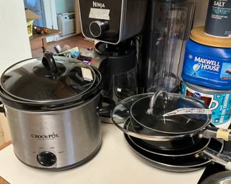 Ninja coffee maker, crock pot, set of skillets with lids, coffee & salt