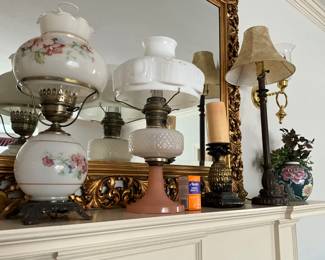 Mantle in living room - electric lamp, vintage oil lamp & miscellaneous 
