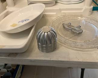 Corning ware plain & blue flower, molds, platter & cookie cutter