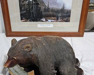 Two Framed Prints Wood Carved Bear Display