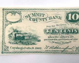 1862 10 Cents Summit County Bank Cuyahoga Falls, OH Obsolete Currency