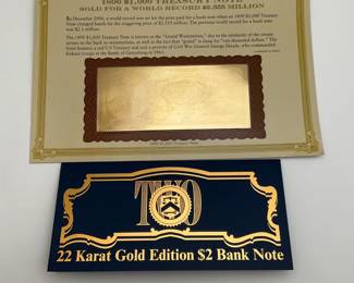 1890 $1000 Treasury Note and 22K Gold Edition $2 Bank Note