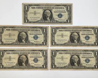 Five 1957 $1 Silver Certificates
