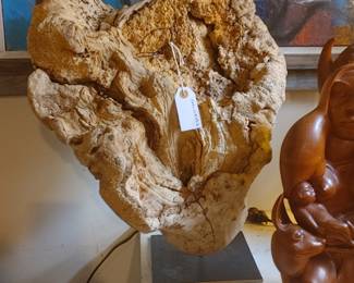 BURL WOOD SCULPTURE ON STAND