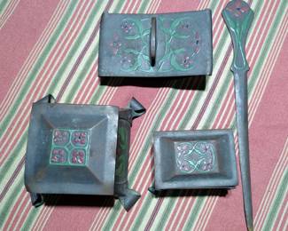 Antique Hand Painted Metal Inkwell Set, Including Inkwell, Stamp Box, And Ink Blotter