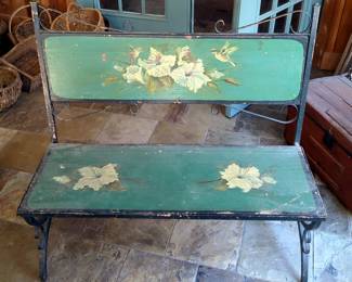 Metal And Wood Hand Painted Garden Bench, 39" x 42" x 17.5"