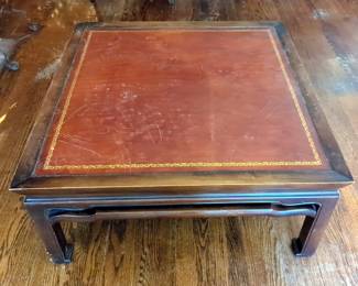 Vintage Wood Coffee Table With Leather Inlay, 16" x 34" x 34"