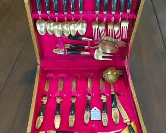 S. Samran Thailand Co. Bronze Flatware Set In Lined Wood Storage Case, Total Qty 23 Pieces