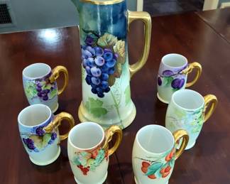 Hand Painted Vienna Austria 14.5" Pitcher And J.P.L France Handled Mugs, Qty 6
