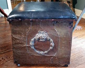 Antique Hammered Brass Storage Stool With Leather Padded Top And Nail Head Trim, On Caster Wheels, 17" x 17" x 13.5"