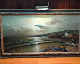 A. Torrielli Moonlight Fishing Village Oil On Canvas Painting With Lighted Gesso Frame, 32.5" x 54.5", Light Powers On