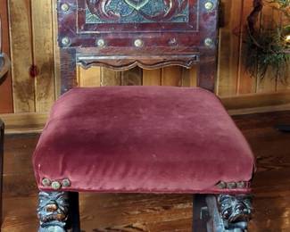 Antique Baroque Style Hand Carved Chair With Profile In Back, Upholstered Seat, Dragon Accent Legs, Marked "CIE", And Antique Rattan Cane Armchair