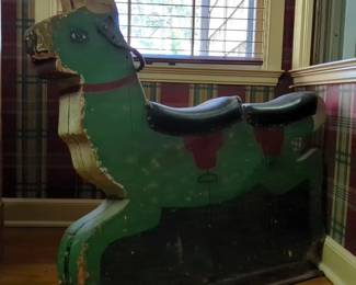 Antique Hand Painted Carved Wood Riding Toy Llama With Metal Handle And Base, 35" x 38" x 5"
