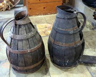 Antique Wood And Metal Wine Jugs, Qty 2, 18.5" And 17"