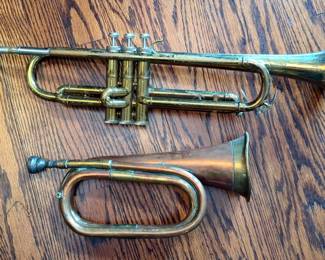 Vintage E K Blessing Co. Trumpet, Standard Model, Serial 68463 And Brass Military Bugle