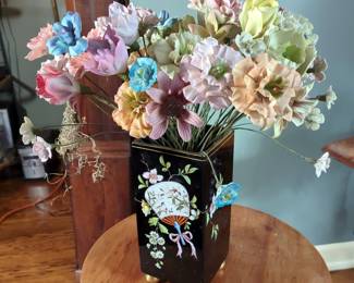 Hand Painted Oriental Style Footed 10.5" Vase With Ceramic Flower Assortment