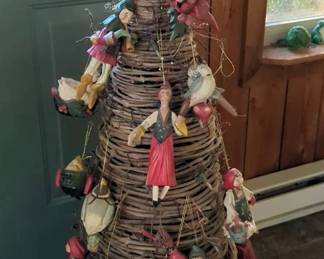 Folk Art 42" Grapevine Tree, With Vintage 12 Days Of Christmas Themed Ornaments And Lights, Powers On