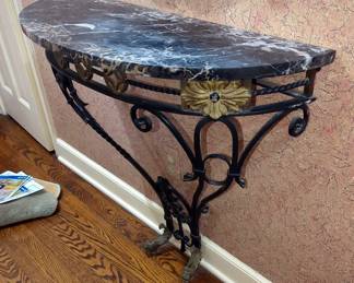 Wrought Iron Half Moon Wall Mounted Marble Top Entry Table With Dragon Head Feet, 31.25" x 36" x 12.5"
