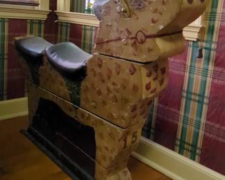 Antique Hand Painted Carved Wood Riding Toy Cow With Metal Handle And Base, 30" x 43" x 5"