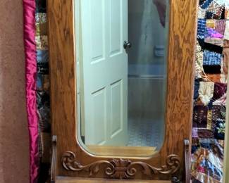 Antique Hand Carved Wood Hall Bench With Mirror And Storage, 81.5" x 28.5" x 16"