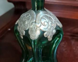 Sheridan Silver Plate 25 Serving Tray, Crystal And Cut Glass Decanters, Qty 6, Stemmed Crystal Glasses, Qty 6, Sectioned Plate, Turkey Lidded Dish, And Salt And Pepper Shakers