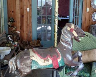 Antique Fairyland Park Carved Wood Carousel Horse With Pole And Base, 92.5" x 46"