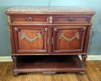 Antique Carved Wood Buffet With Marble Top, Two Drawers And Storage, 41" x 45.5" x 17"