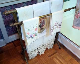 Antique Brass Towel Holder, 27" x 27.5" x 9", Includes Cross Stitched Linens, Bath Towels, And More
