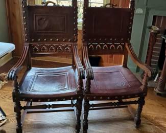 Antique Hand Carved Edwardian Style Armchairs With Leather Back And Seat, Brass Cat Crown And Ornamentation, Qty 2, 46.5" x 23" x 24"